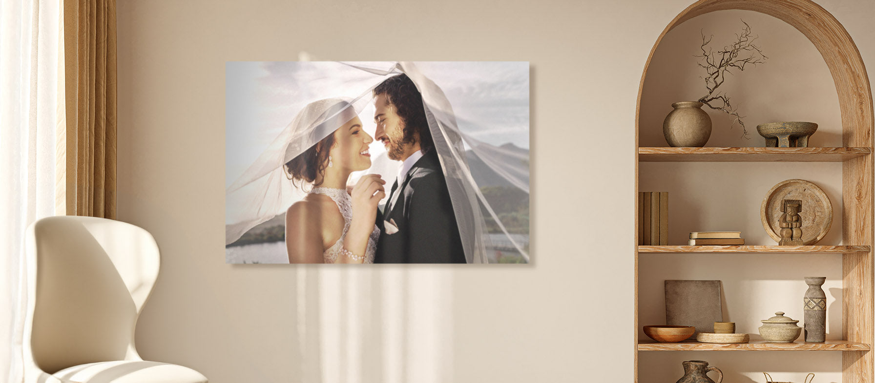 Acrylic photo print of a husband and wife in their wedding portrait hangs on the wall.